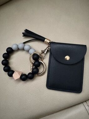 Black Beaded Wristlet Keychain with Card Holder and Tassel